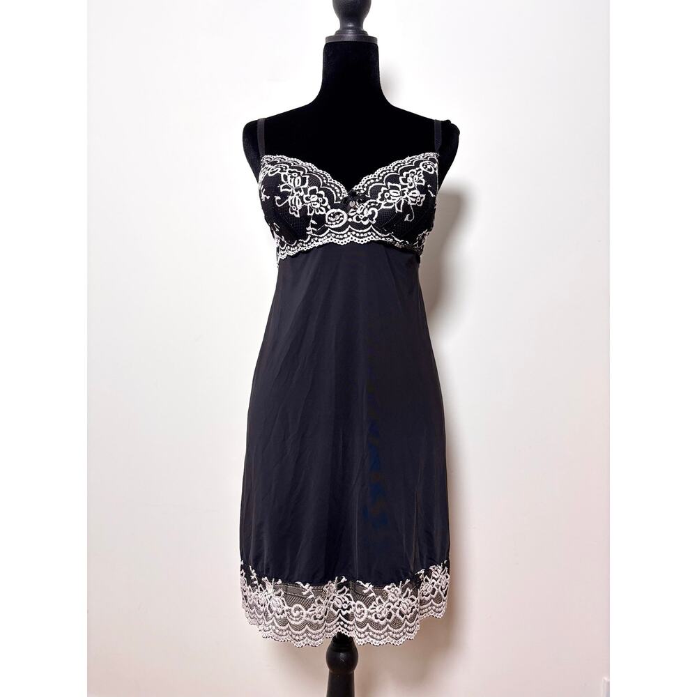 Black Babydoll Slip Dress Mesh Skirt White Lace Embroidered Bustier